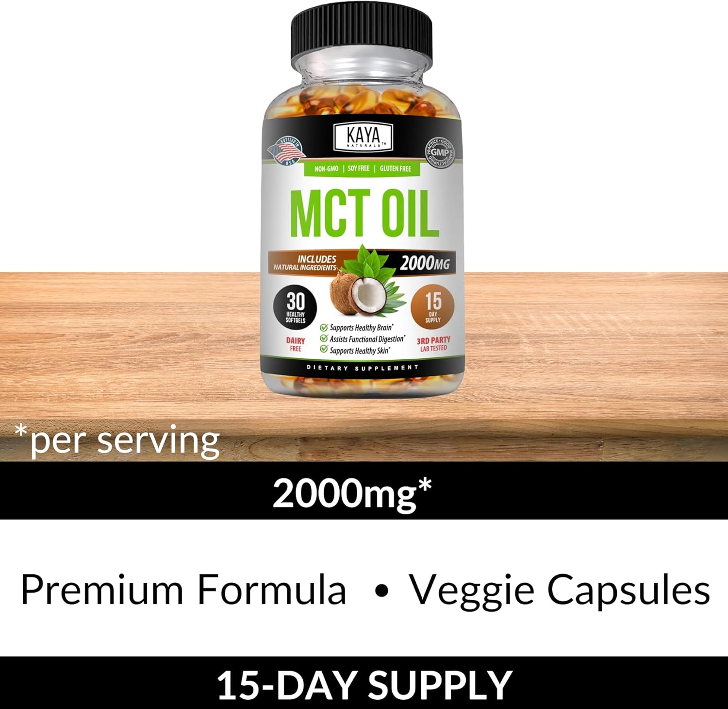 Kaya Naturals MCT Oil Softgels - 2000mg - Non-GMO, Soy-Free, Gluten-Free - Supports Brain, Digestive & Skin Health