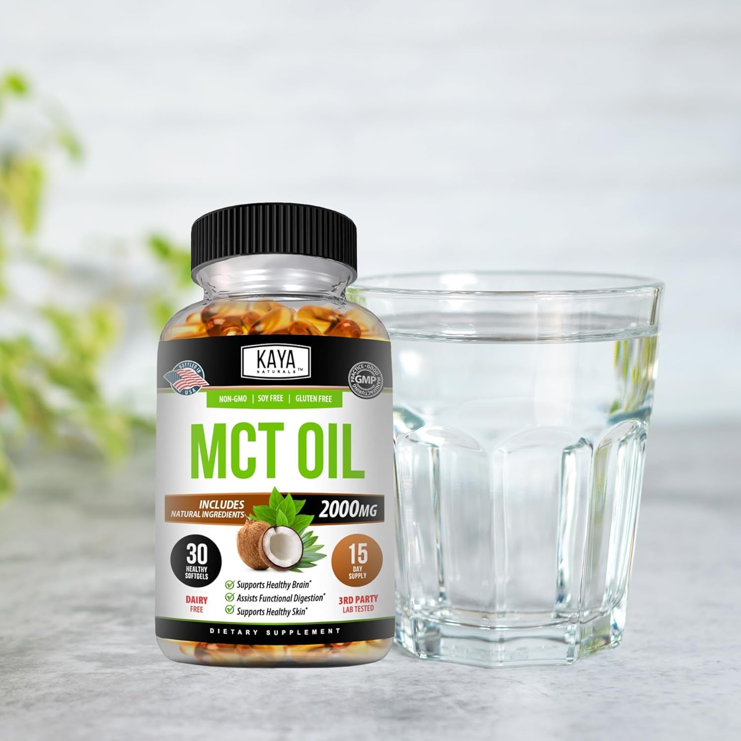 Kaya Naturals MCT Oil Softgels - 2000mg - Non-GMO, Soy-Free, Gluten-Free - Supports Brain, Digestive & Skin Health
