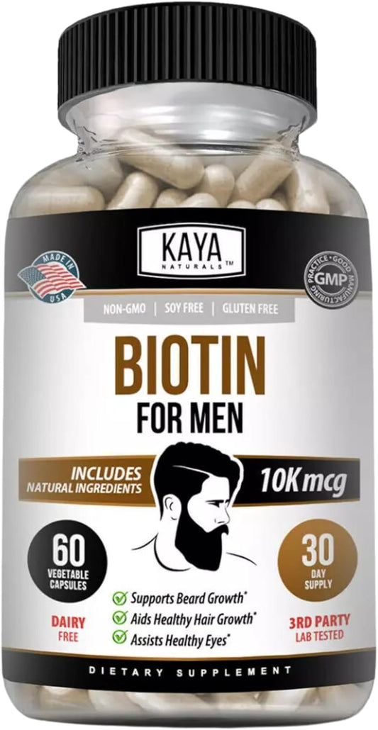 Kaya Naturals Men's Biotin Supplement for Beard, Hair Growth, Skin Health - 60ct