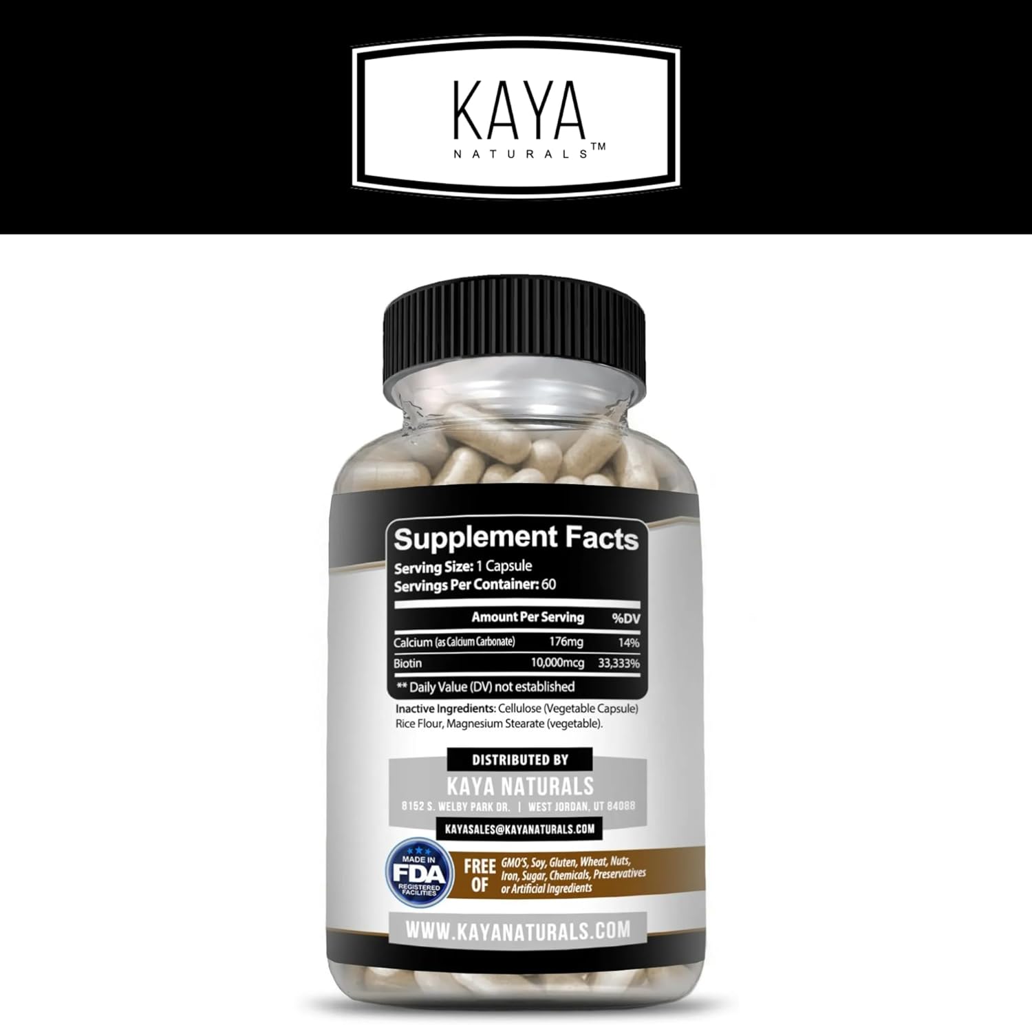 Kaya Naturals Men's Biotin Supplement for Beard, Hair Growth, Skin Health - 60ct