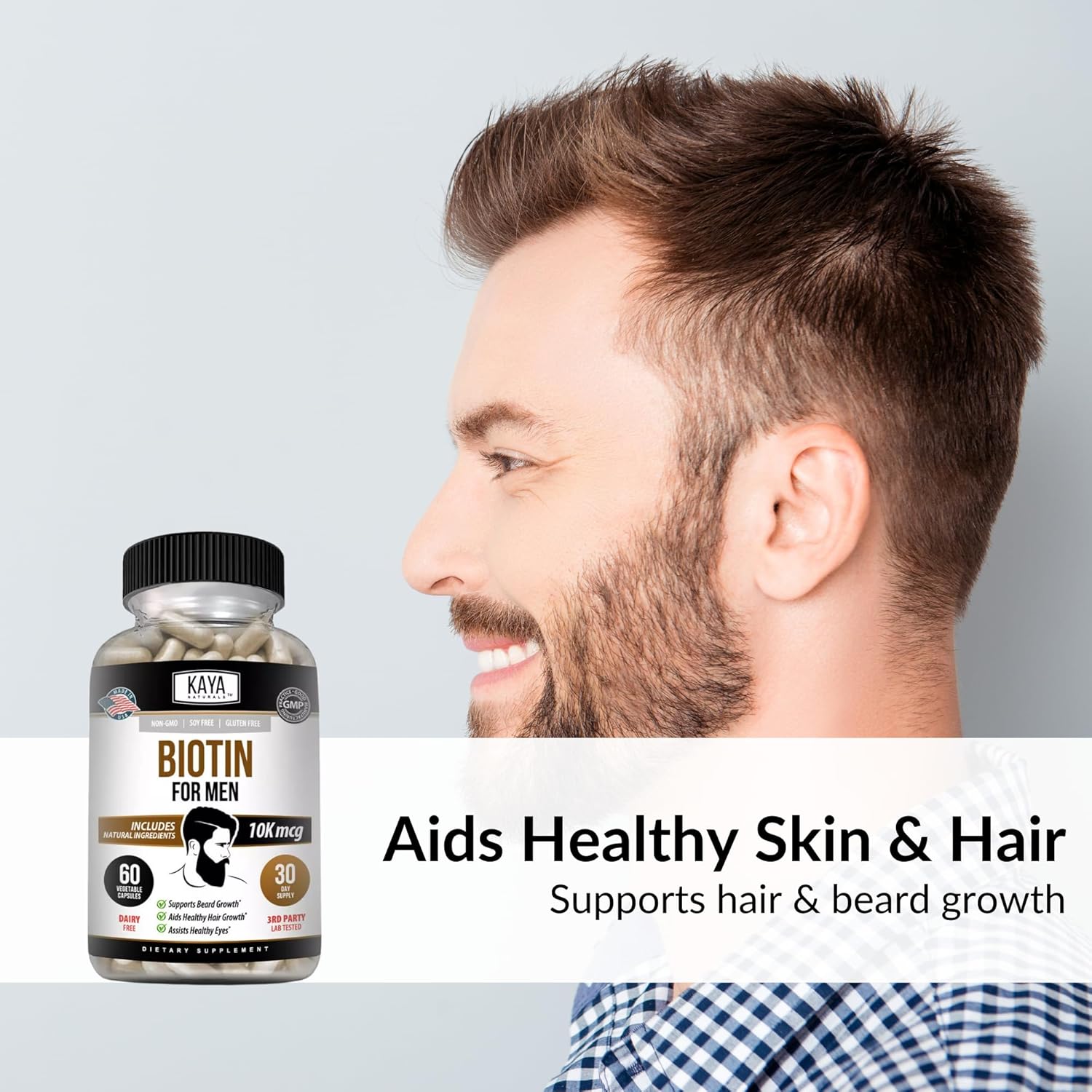Kaya Naturals Men's Biotin Supplement for Beard, Hair Growth, Skin Health - 60ct