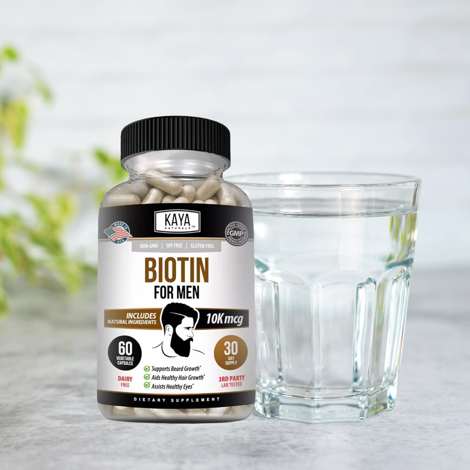 Kaya Naturals Men's Biotin Supplement for Beard, Hair Growth, Skin Health - 60ct