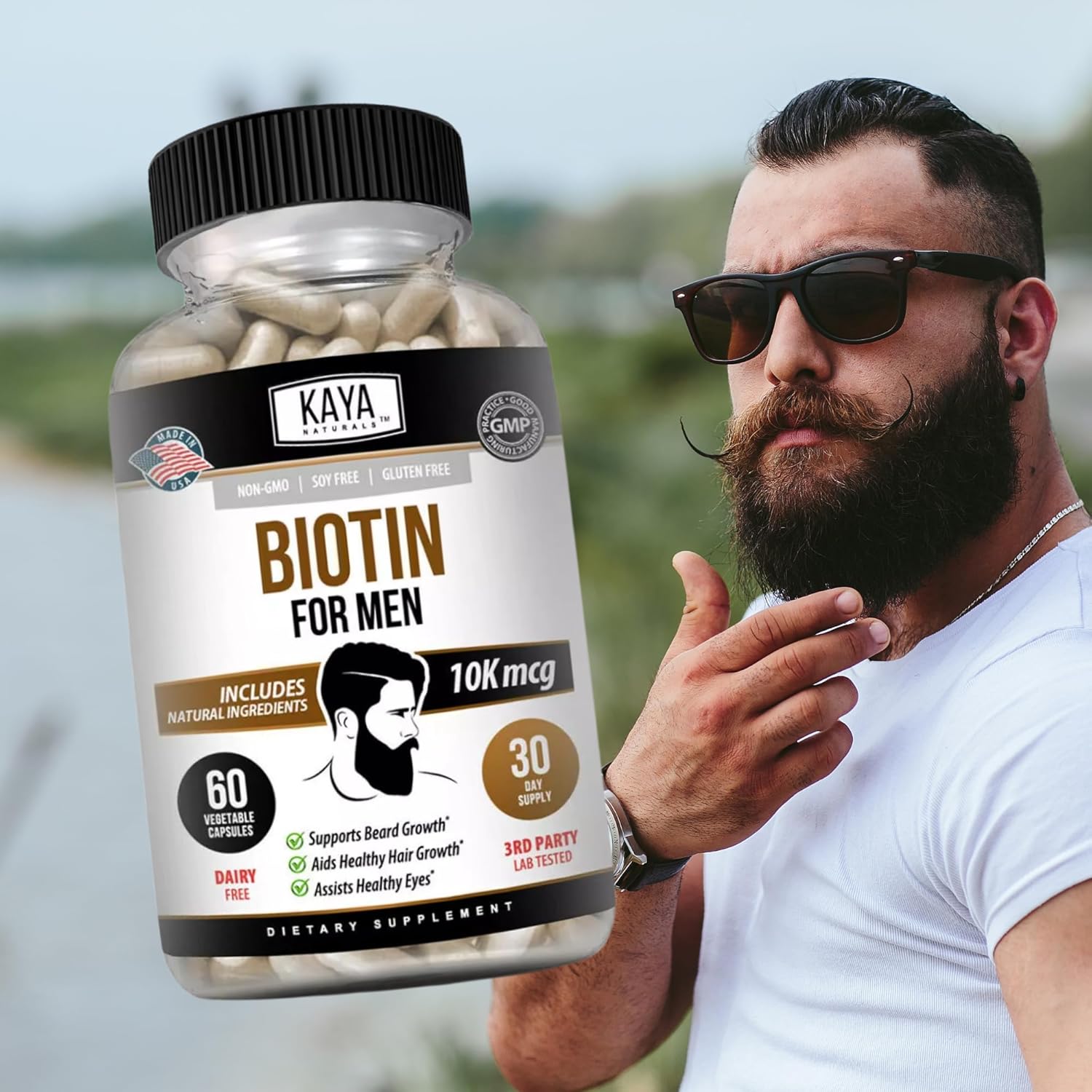 Kaya Naturals Men's Biotin Supplement for Beard, Hair Growth, Skin Health - 60ct
