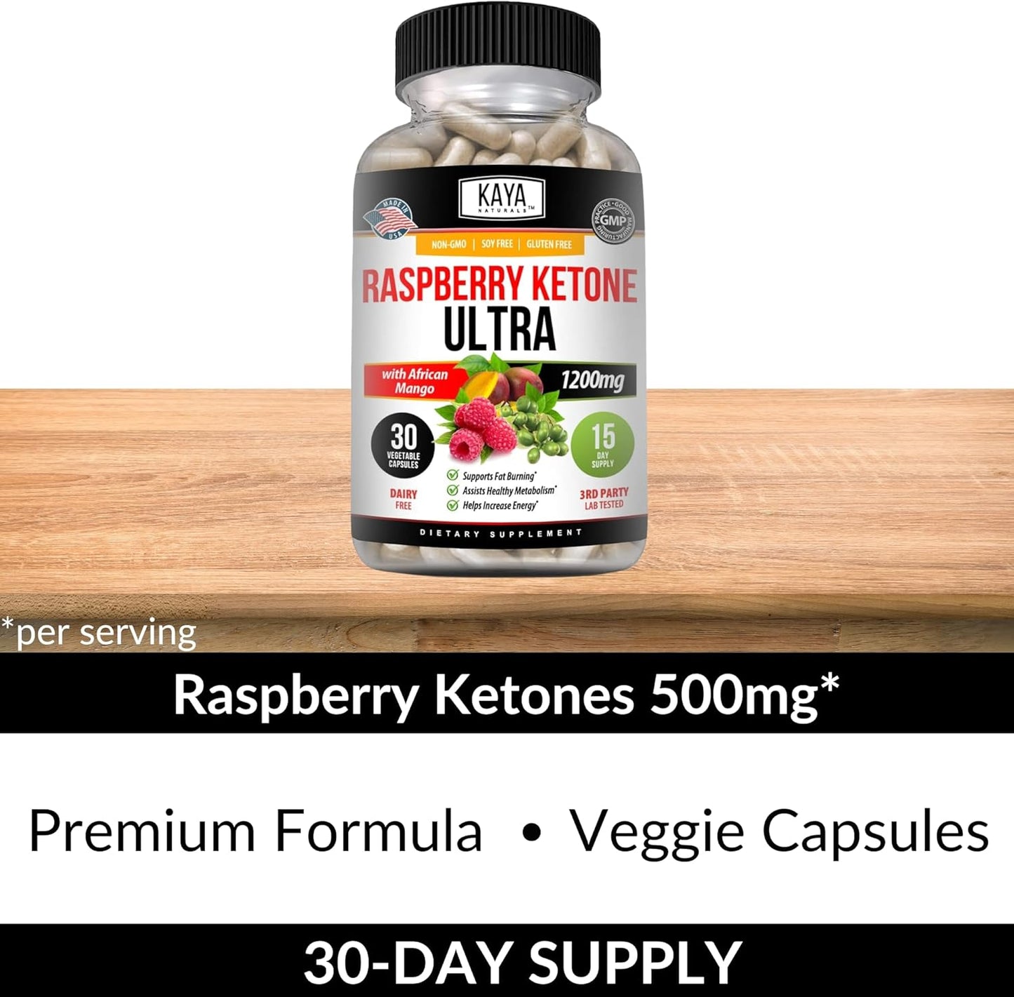 Kaya Naturals Raspberry Ketone Keto Diet Pills - Slimming Formula Supplement for Appetite Control and Metabolism Boost - 30 Count