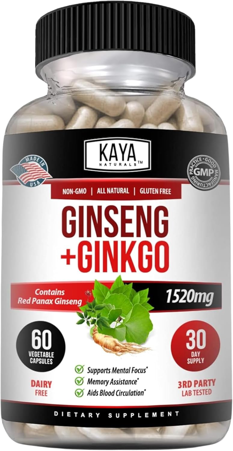 Kaya Naturals Red Panax Ginseng & Ginkgo Biloba Brain Supplement for Cognitive Support - 60 Capsules