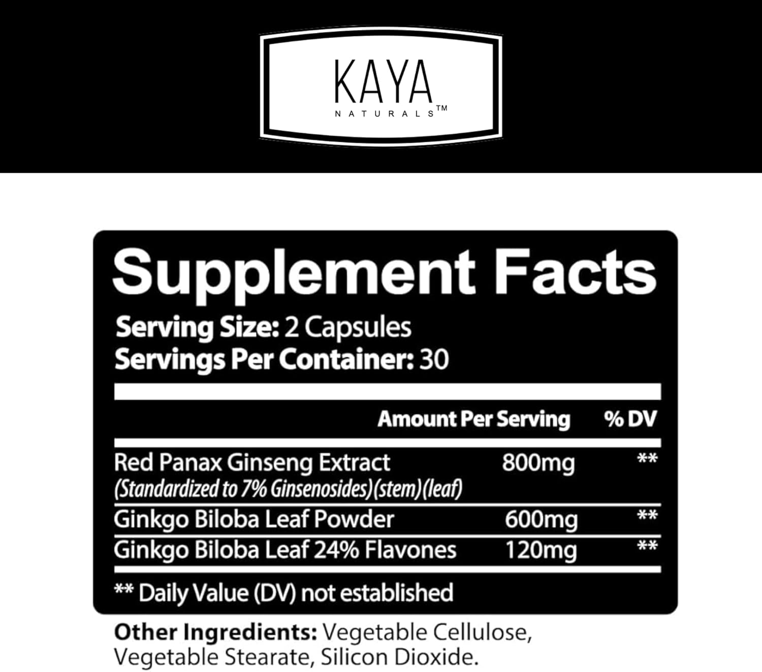 Kaya Naturals Red Panax Ginseng & Ginkgo Biloba Brain Supplement for Cognitive Support - 60 Capsules