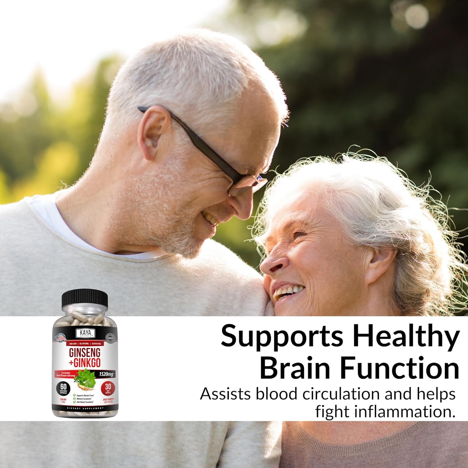 Kaya Naturals Red Panax Ginseng & Ginkgo Biloba Brain Supplement for Cognitive Support - 60 Capsules