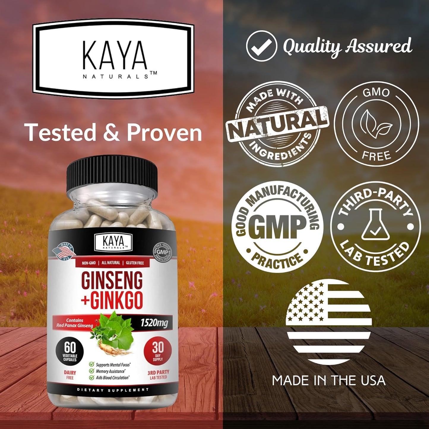 Kaya Naturals Red Panax Ginseng & Ginkgo Biloba Brain Supplement for Cognitive Support - 60 Capsules