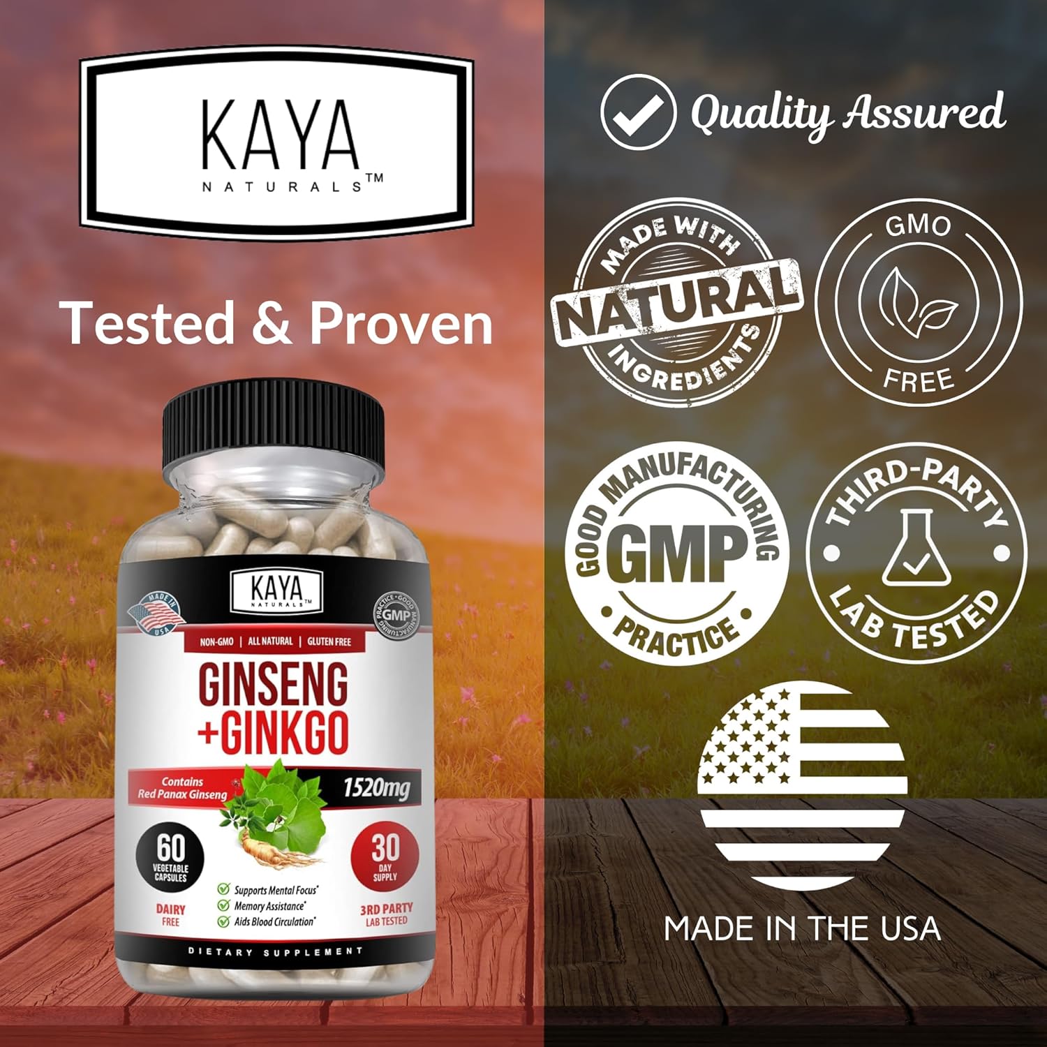 Kaya Naturals Red Panax Ginseng & Ginkgo Biloba Brain Supplement for Cognitive Support - 60 Capsules