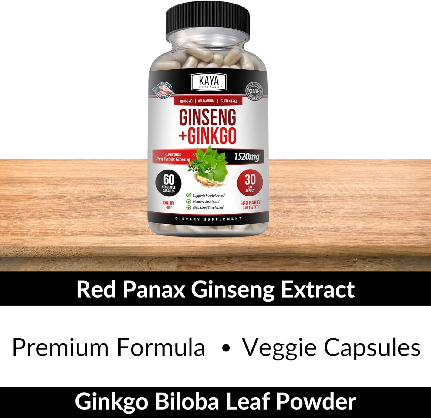 Kaya Naturals Red Panax Ginseng & Ginkgo Biloba Brain Supplement for Cognitive Support - 60 Capsules