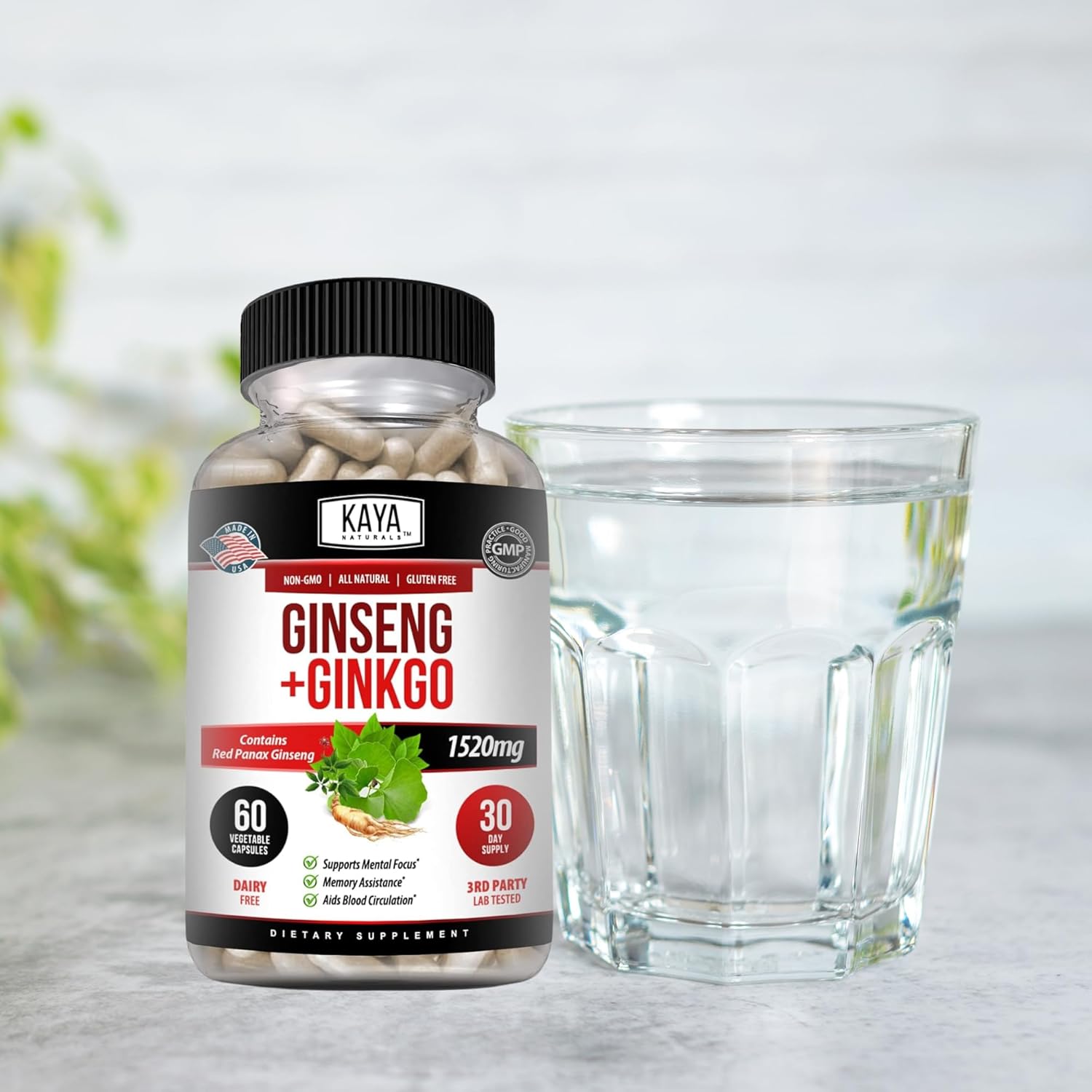 Kaya Naturals Red Panax Ginseng & Ginkgo Biloba Brain Supplement for Cognitive Support - 60 Capsules