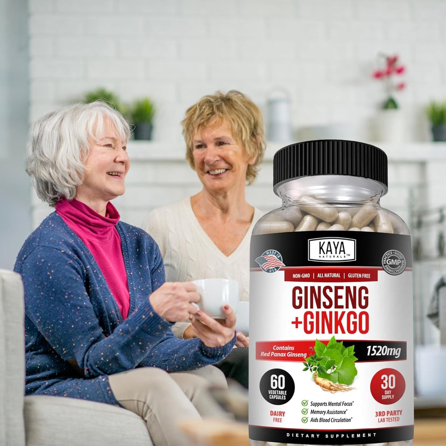 Kaya Naturals Red Panax Ginseng & Ginkgo Biloba Brain Supplement for Cognitive Support - 60 Capsules