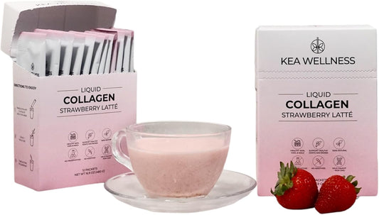 Kea Wellness Premium Liquid Collagen Creamer Single Serve Pack - Strawberry Latte Flavor - Type I, II, III Hydrolyzed Collagen Peptides for Hair, Nails, Skin, Bones, and Joints