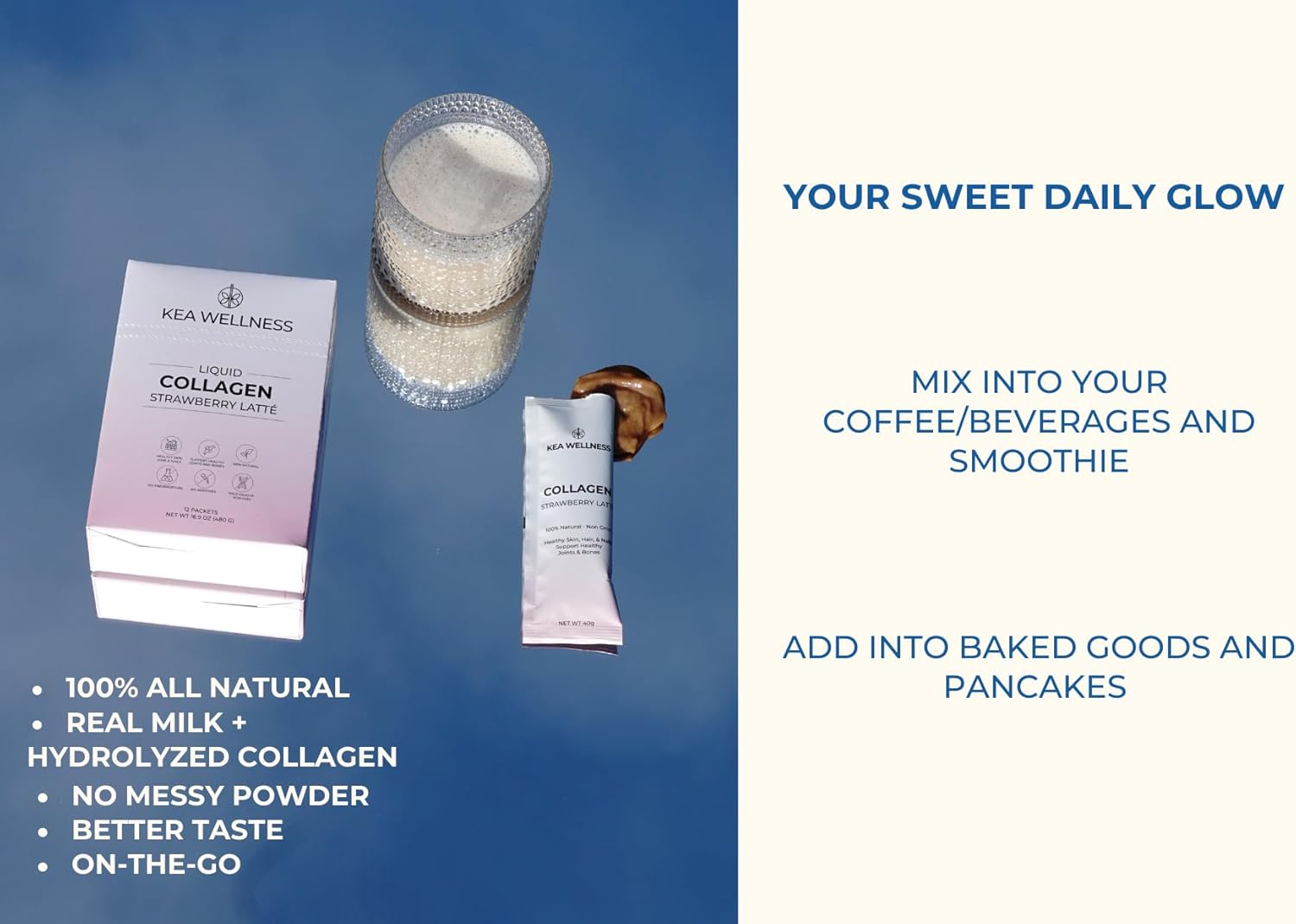 Kea Wellness Premium Liquid Collagen Creamer Single Serve Pack - Strawberry Latte Flavor - Type I, II, III Hydrolyzed Collagen Peptides for Hair, Nails, Skin, Bones, and Joints