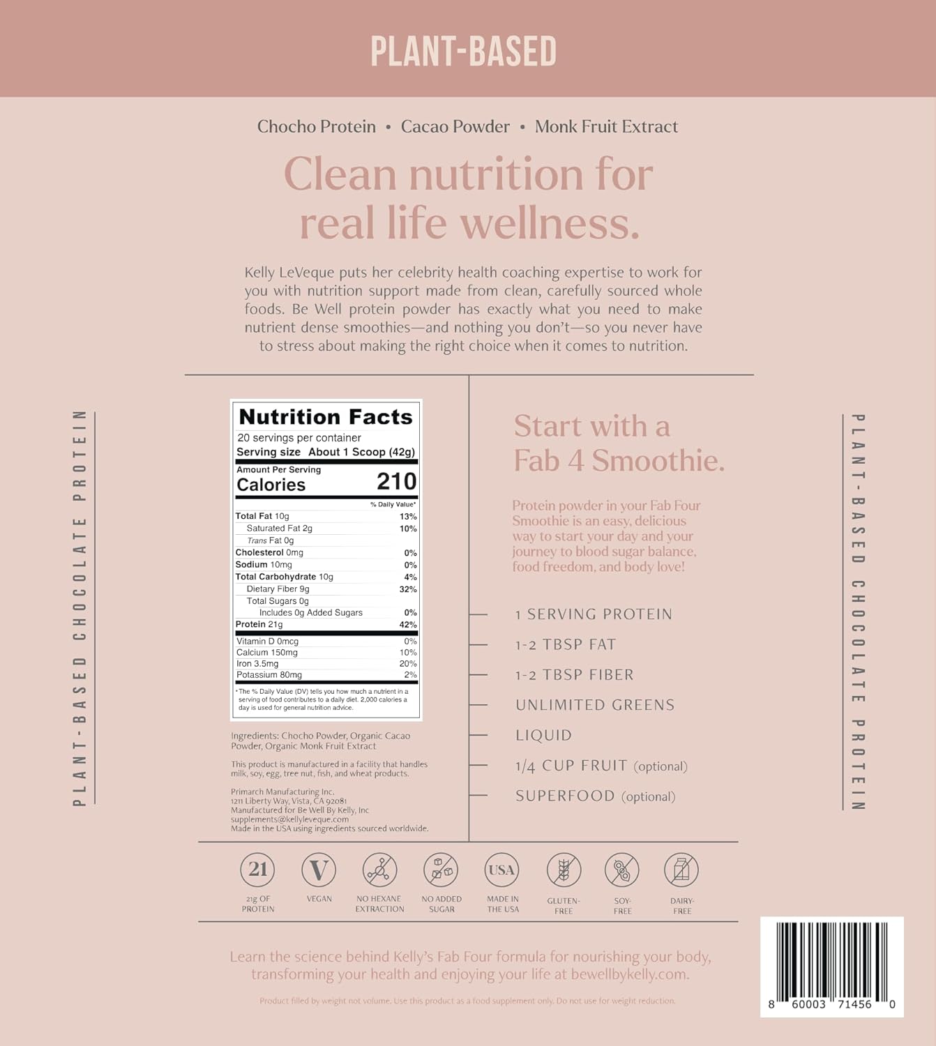 Kelly LeVeque Chocolate Plant-Based Protein Powder - 21g Protein, 9g Fiber, Vegan, 20 Servings - No Soy, Dairy, Stevia, Sugar Added