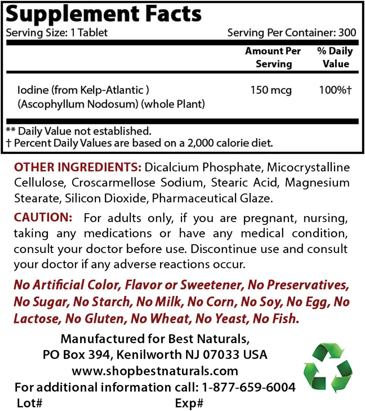 Kelp Supplement 150 Mcg with B-100 Complex for Optimal Health & Wellness