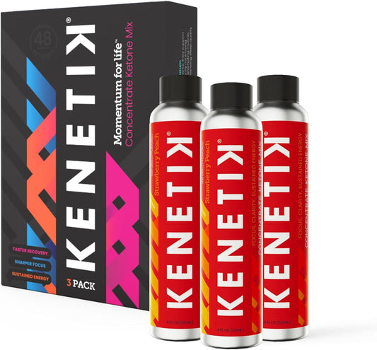 KENETIK Strawberry Peach Clean Energy Drink Mix - 3 Pack (12 Servings), Sugar-Free & Caffeine-Free with High Performance D-BHB for Mental Focus