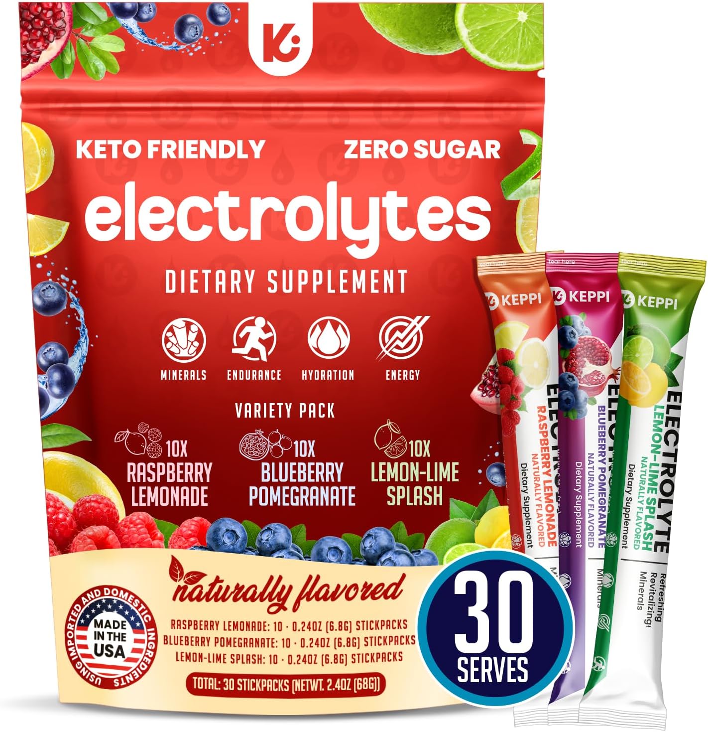 Keppi Keto Electrolytes Powder - Sugar-Free Hydration & Recovery Blend - USA-Made in Raspberry Lemonade, Blueberry Pomegranate, & Lemon Lime Flavors