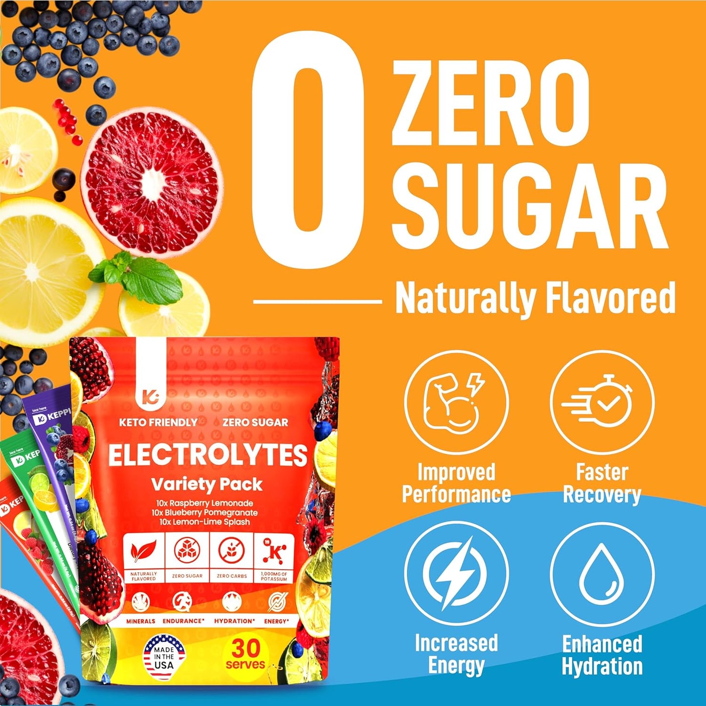 Keppi Keto Electrolytes Powder - Sugar-Free Hydration & Recovery Blend - USA-Made in Raspberry Lemonade, Blueberry Pomegranate, & Lemon Lime Flavors