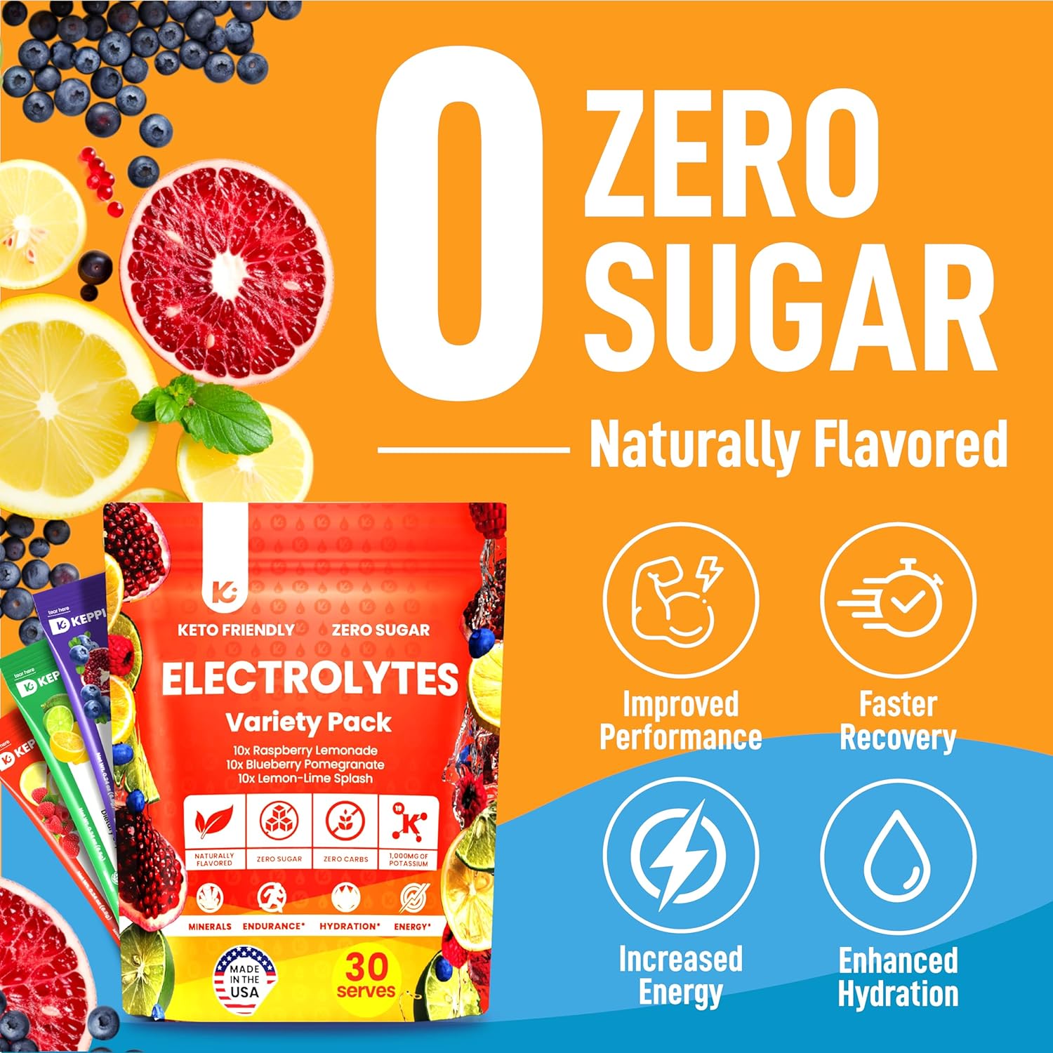 Keppi Keto Electrolytes Powder - Sugar-Free Hydration & Recovery Blend - USA-Made in Raspberry Lemonade, Blueberry Pomegranate, & Lemon Lime Flavors