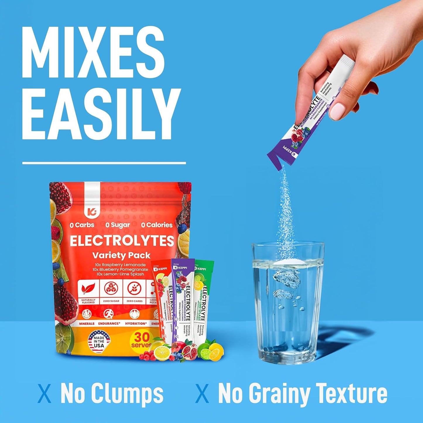 Keppi Keto Electrolytes Powder - Sugar-Free Hydration & Recovery Blend - USA-Made in Raspberry Lemonade, Blueberry Pomegranate, & Lemon Lime Flavors