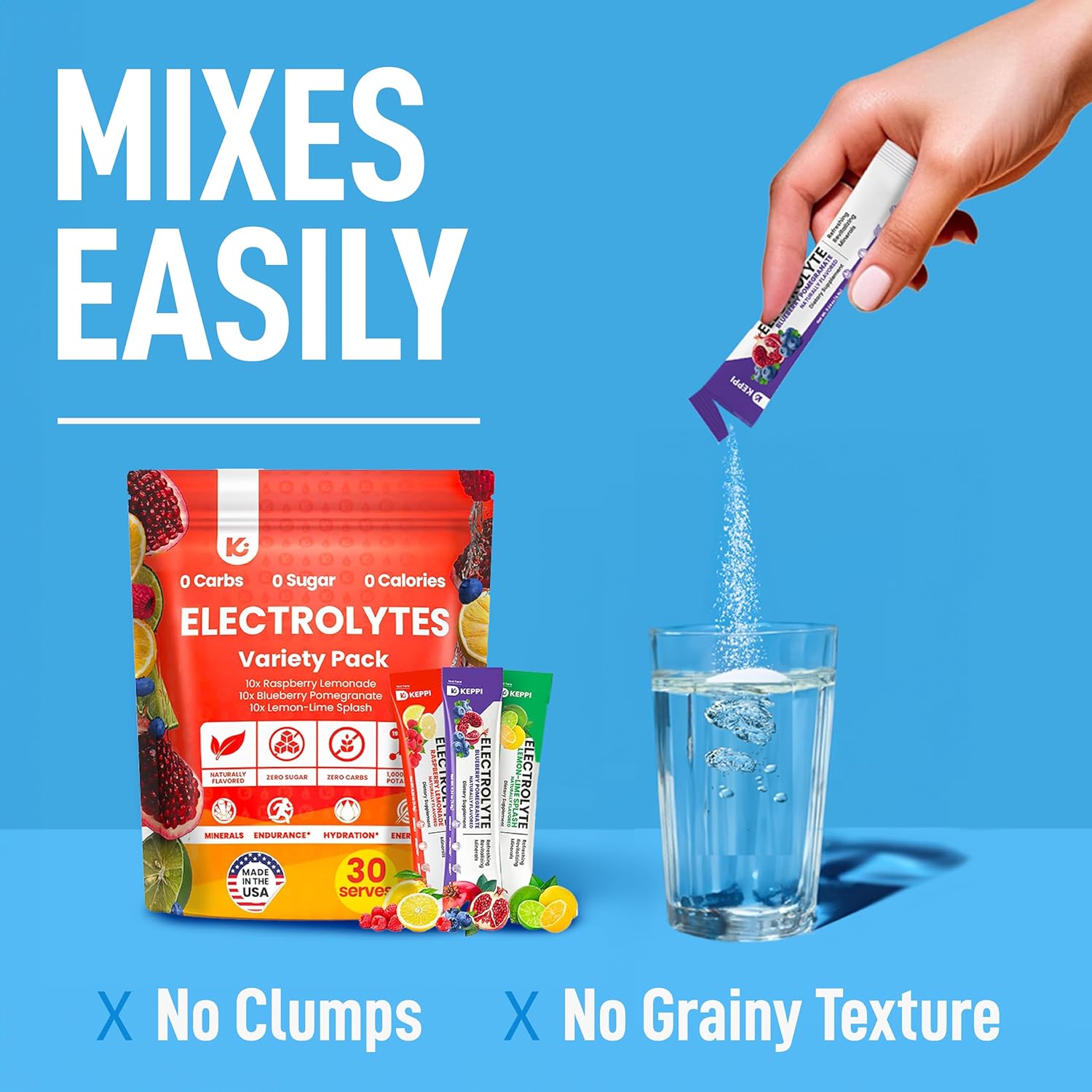 Keppi Keto Electrolytes Powder - Sugar-Free Hydration & Recovery Blend - USA-Made in Raspberry Lemonade, Blueberry Pomegranate, & Lemon Lime Flavors