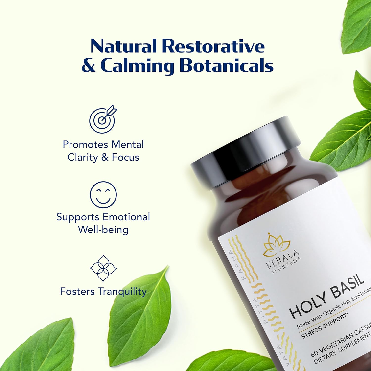 Kerala Ayurveda Holy Basil Supplement - Stress Relief & Relaxation | Calming Mind & Body | Immunity Boost - 60 Veg Capsules