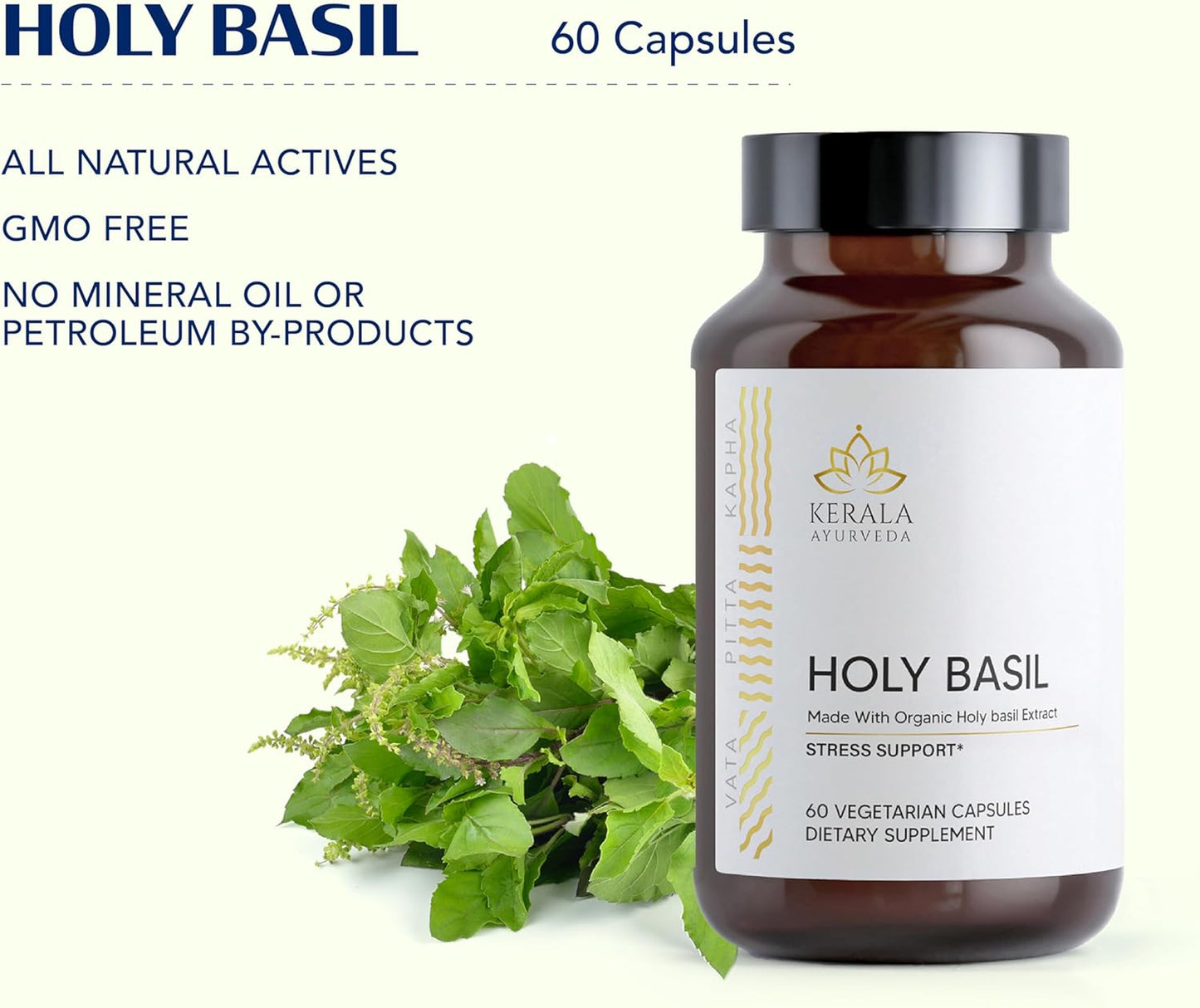 Kerala Ayurveda Holy Basil Supplement - Stress Relief & Relaxation | Calming Mind & Body | Immunity Boost - 60 Veg Capsules