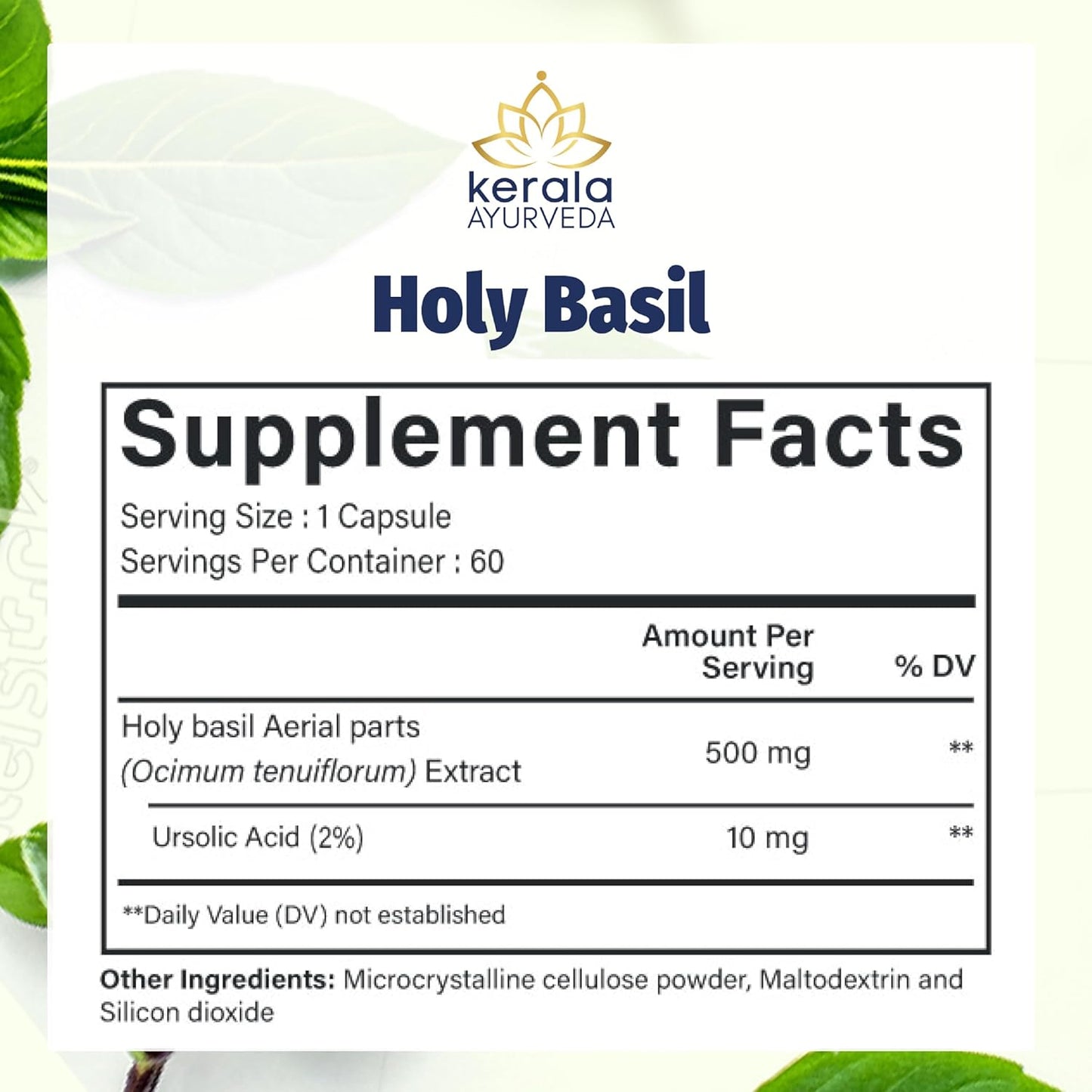 Kerala Ayurveda Holy Basil Supplement - Stress Relief & Relaxation | Calming Mind & Body | Immunity Boost - 60 Veg Capsules