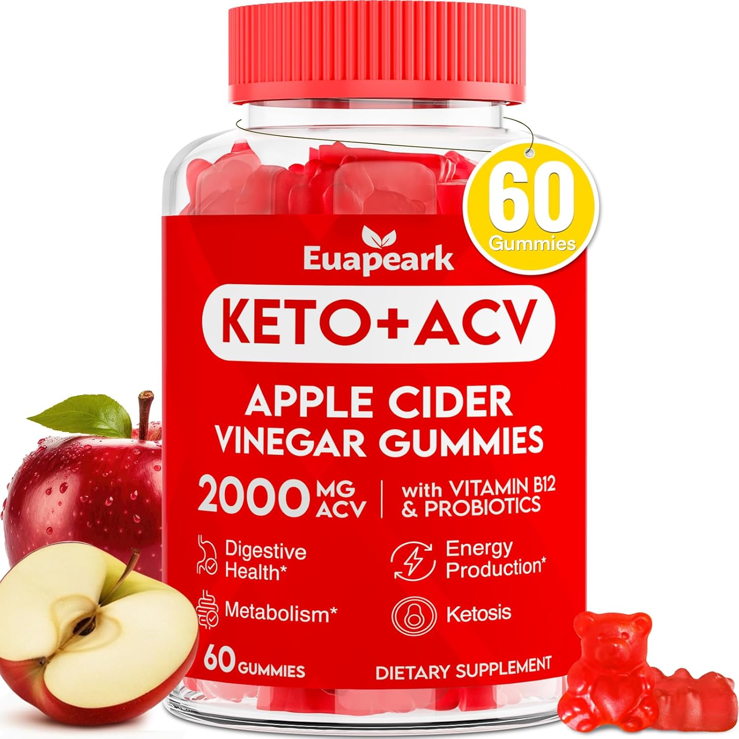 Keto Apple Cider Vinegar Gummies with Probiotics, Vitamin B12 & Support, 2000mg ACV for Digestion, Metabolism, Cleanse, Detox Diet - Vegan, Low Sugar (60 Count)