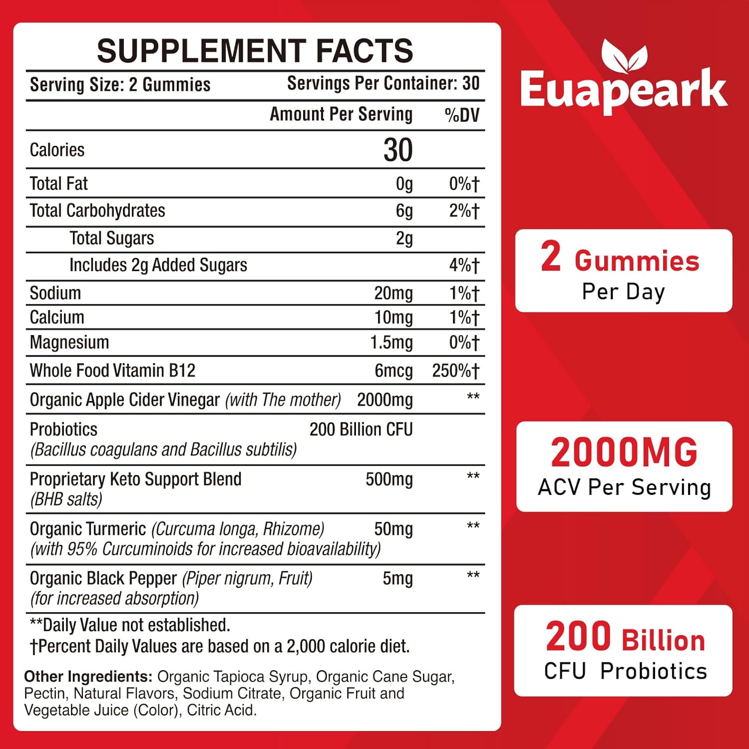 Keto Apple Cider Vinegar Gummies with Probiotics, Vitamin B12 & Support, 2000mg ACV for Digestion, Metabolism, Cleanse, Detox Diet - Vegan, Low Sugar (60 Count)