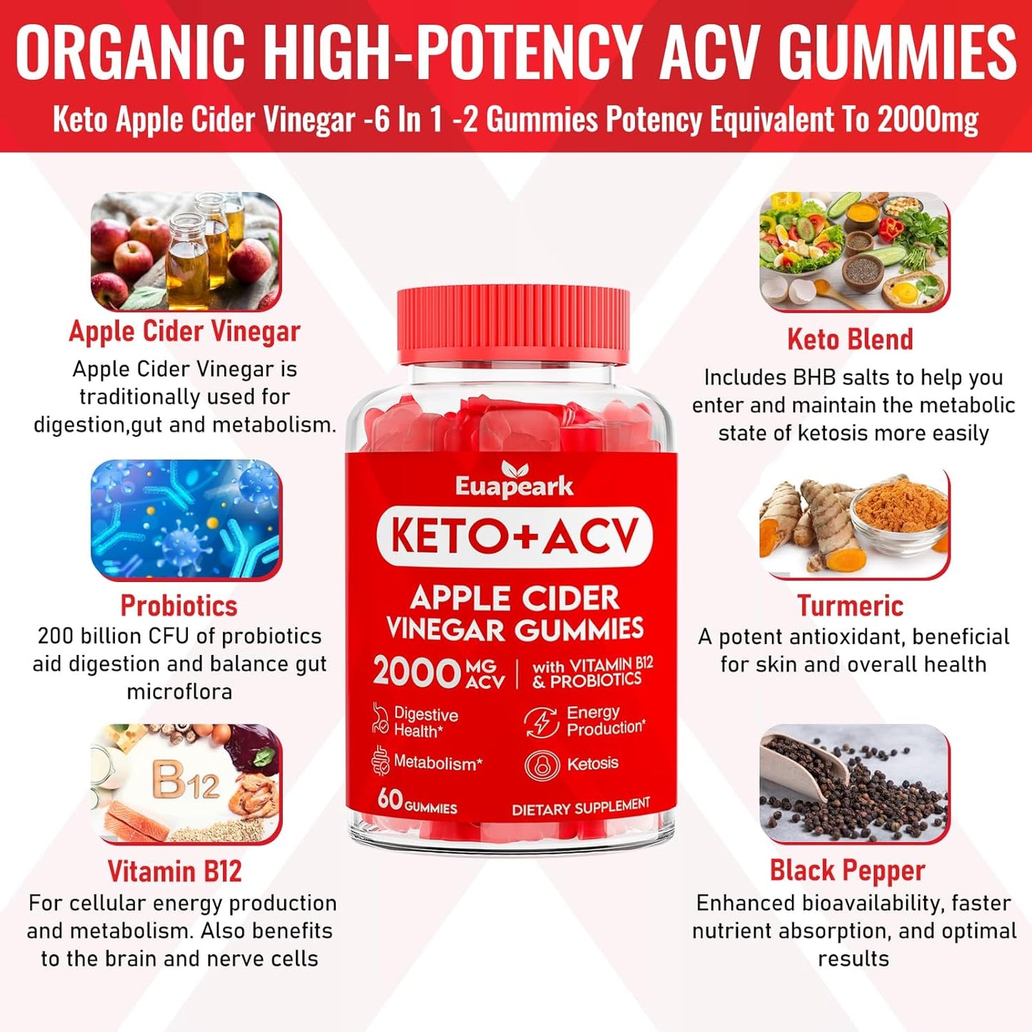 Keto Apple Cider Vinegar Gummies with Probiotics, Vitamin B12 & Support, 2000mg ACV for Digestion, Metabolism, Cleanse, Detox Diet - Vegan, Low Sugar (60 Count)