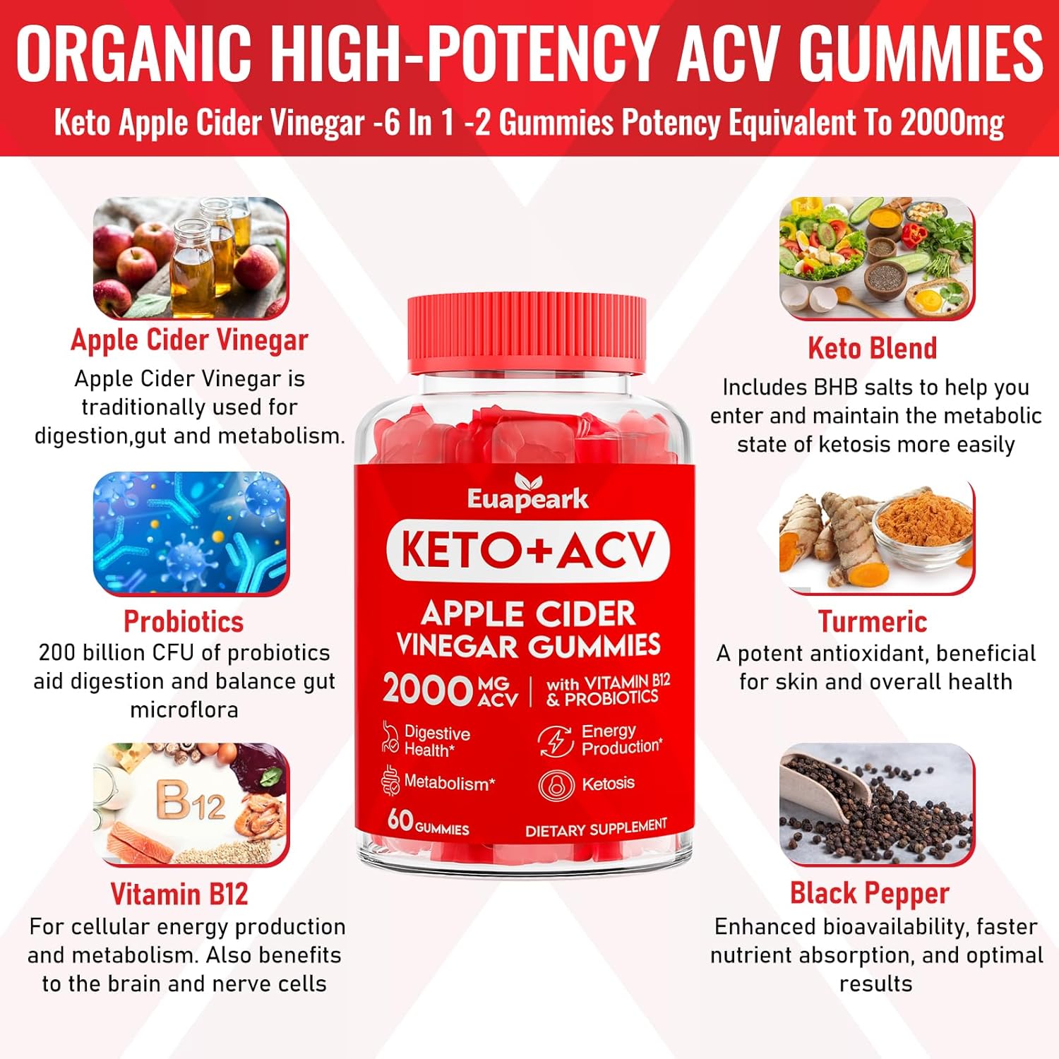 Keto Apple Cider Vinegar Gummies with Probiotics, Vitamin B12 & Support, 2000mg ACV for Digestion, Metabolism, Cleanse, Detox Diet - Vegan, Low Sugar (60 Count)