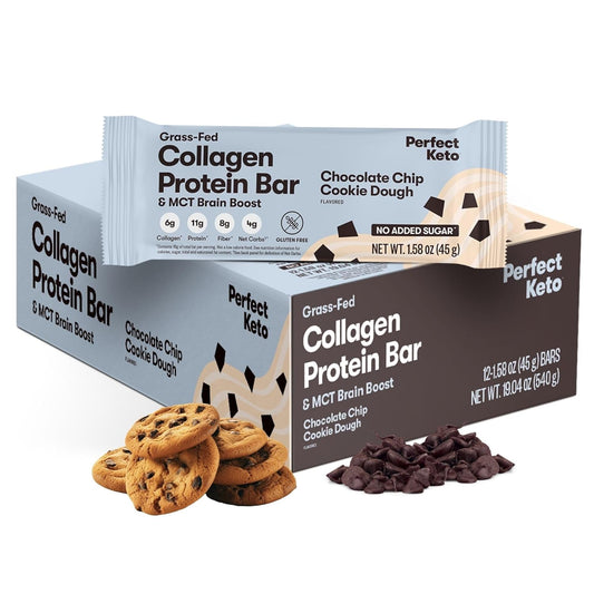 Keto Bars with Grass Fed Collagen, MCT Oil, High Protein, Low Carb Snacks - Chocolate Chip Flavor, 12 Bars - BoostGo Australia