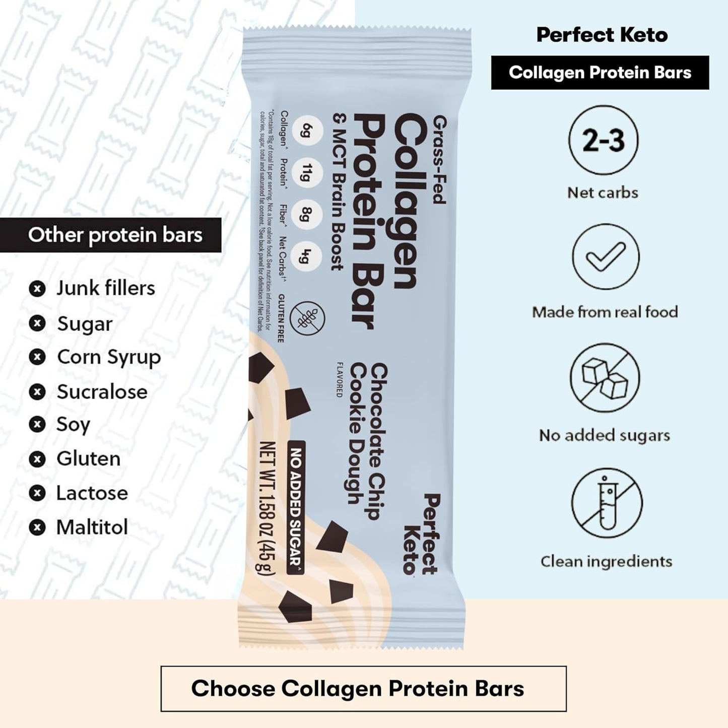 Keto Bars with Grass Fed Collagen, MCT Oil, High Protein, Low Carb Snacks - Chocolate Chip Flavor, 12 Bars - BoostGo Australia