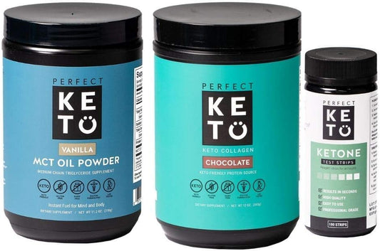 Keto Bundle with Chocolate Collagen, 100 Ketone Test Strips, and Vanilla MCT Oil Powder | Enhance Fat Burning and Boost Energy | 30 Day Supply