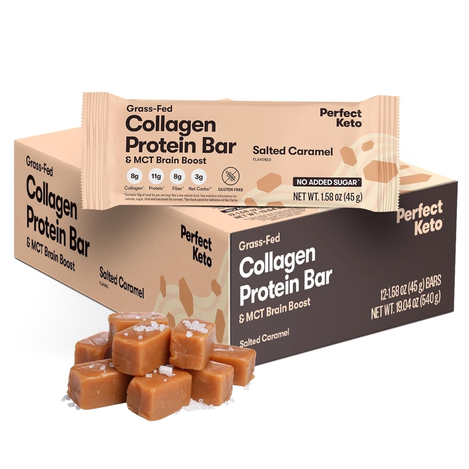 Keto Collagen Protein Bars with Grass Fed Collagen, MCT Oil, High Protein, Low Carb, No Sugar Added, Gluten Free - Salted Caramel Flavor, 12 Bars - BoostGo Australia