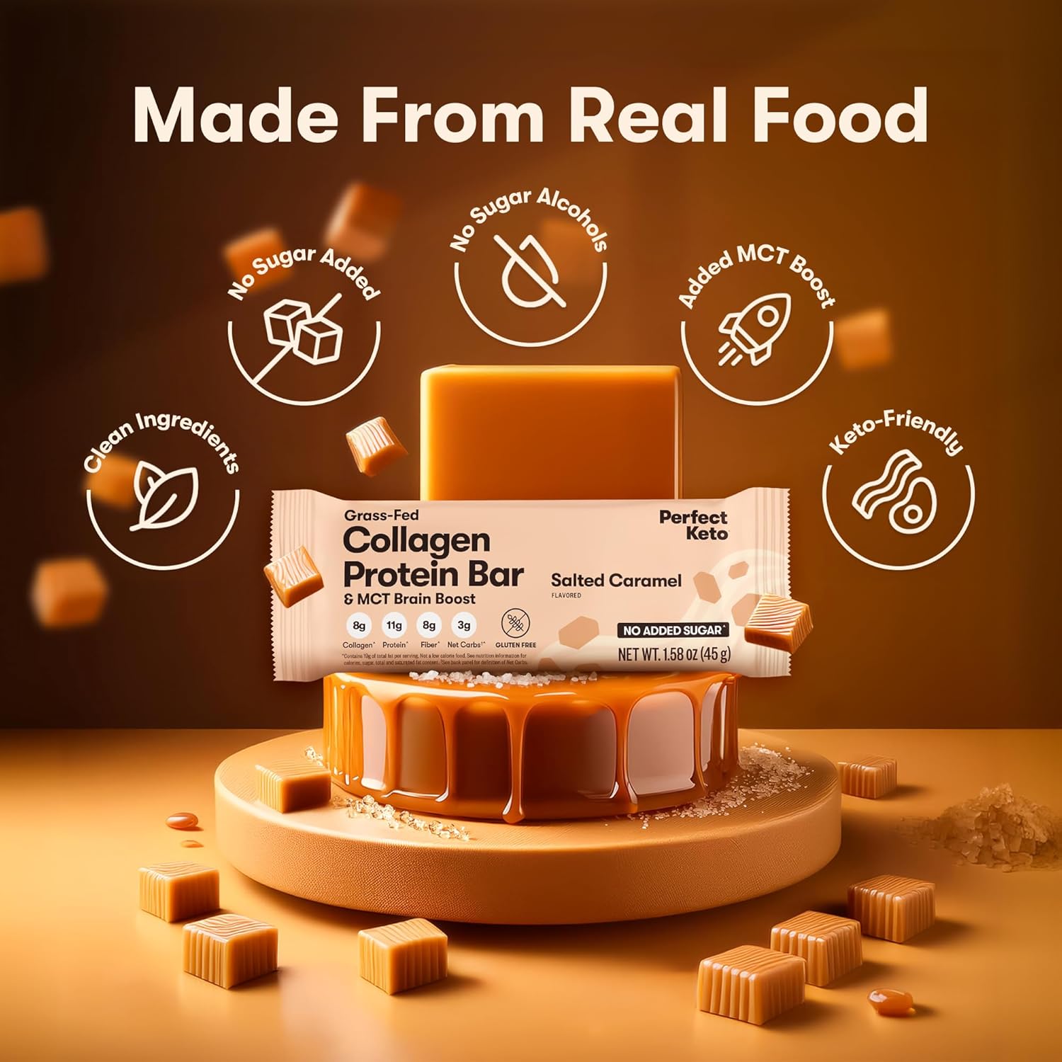 Keto Collagen Protein Bars with Grass Fed Collagen, MCT Oil, High Protein, Low Carb, No Sugar Added, Gluten Free - Salted Caramel Flavor, 12 Bars - BoostGo Australia