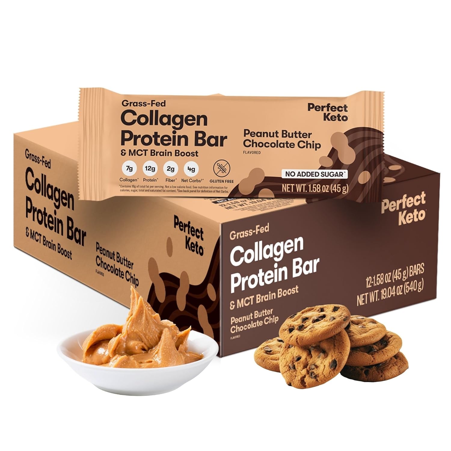 Keto Collagen Protein Bars with MCT Oil, Peanut Butter Chocolate Chip Flavor - Low Carb, High Protein Snacks for Keto Diet, Gluten Free Grass Fed, No Sugar Added - 12 Bars - BoostGo Australia
