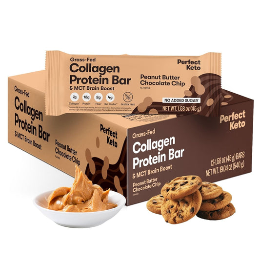 Keto Collagen Protein Bars with MCT Oil, Peanut Butter Chocolate Chip Flavor - Low Carb, High Protein Snacks for Keto Diet, Gluten Free Grass Fed, No Sugar Added - 12 Bars - BoostGo Australia