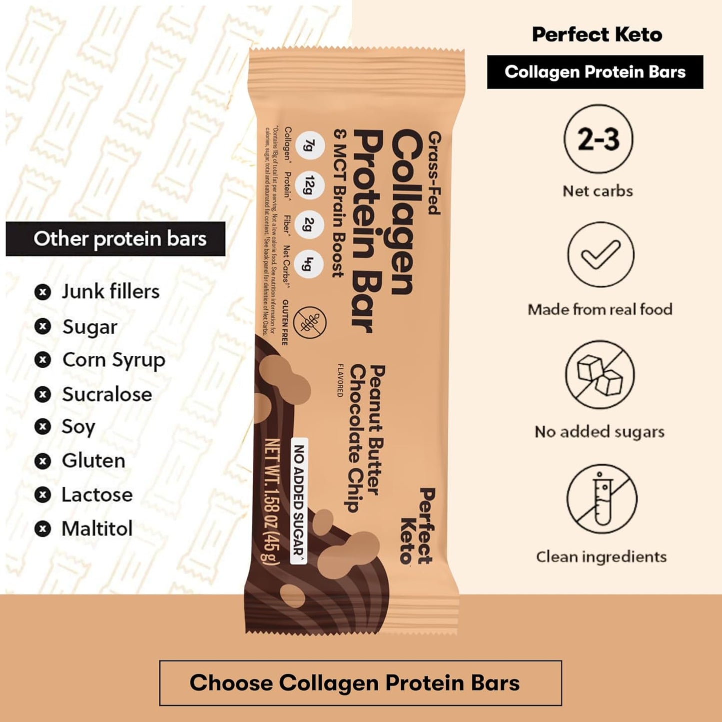Keto Collagen Protein Bars with MCT Oil, Peanut Butter Chocolate Chip Flavor - Low Carb, High Protein Snacks for Keto Diet, Gluten Free Grass Fed, No Sugar Added - 12 Bars - BoostGo Australia