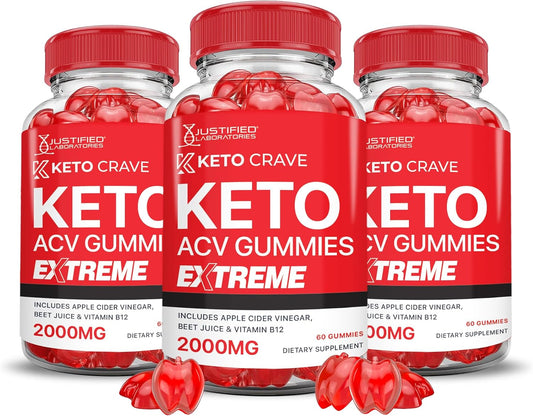 Keto Crave Keto ACV Gummies - 3 Pack (180 Gummies) Extreme 2000MG Formula with Apple Cider Vinegar, Pomegranate, B12 - Vegan & Non GMO