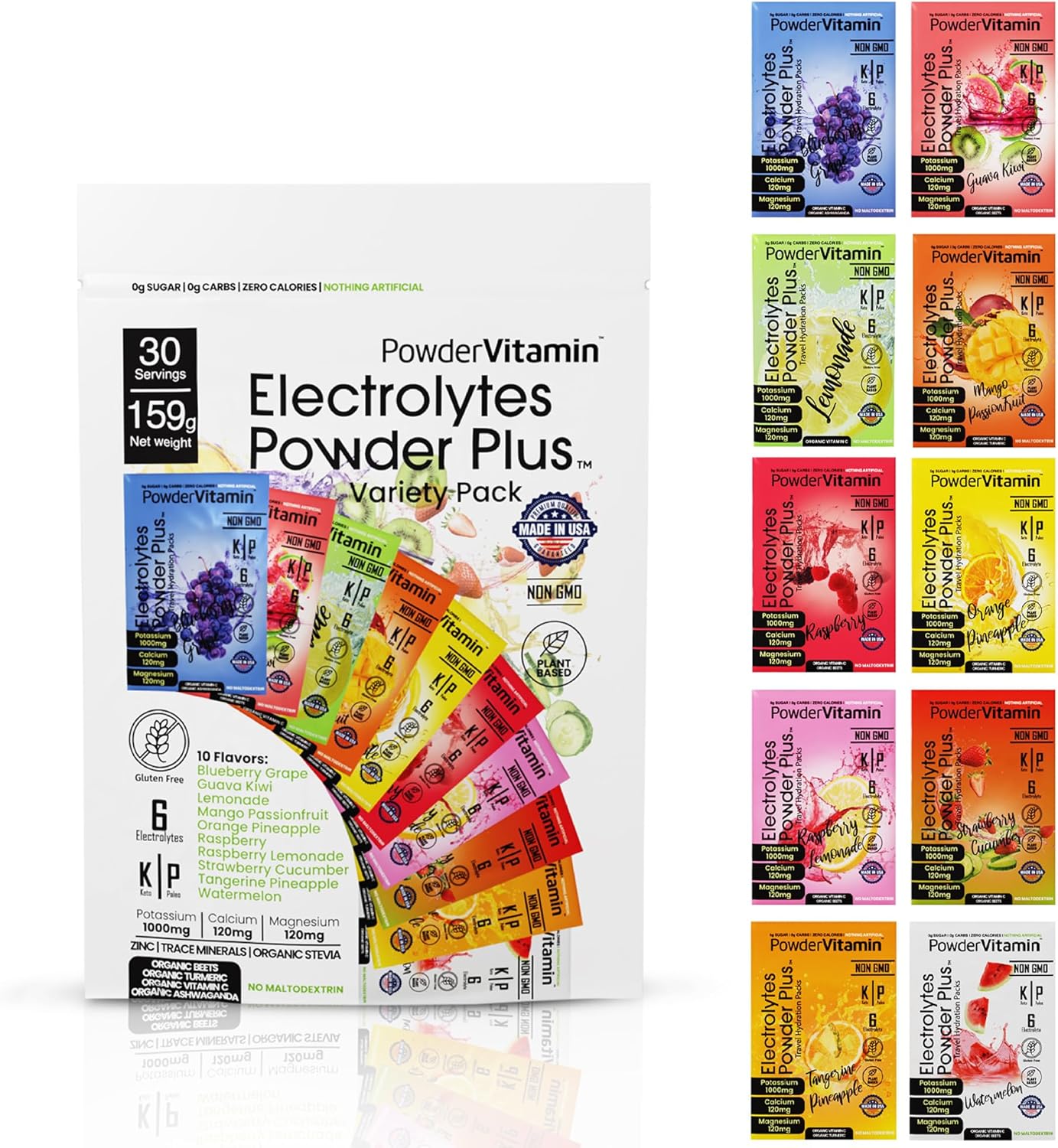 Keto Electrolyte Powder Variety Pack with Potassium, Calcium, Magnesium - Non-GMO, Zero Sugar, Zero Calories - 30 Hydration Packets