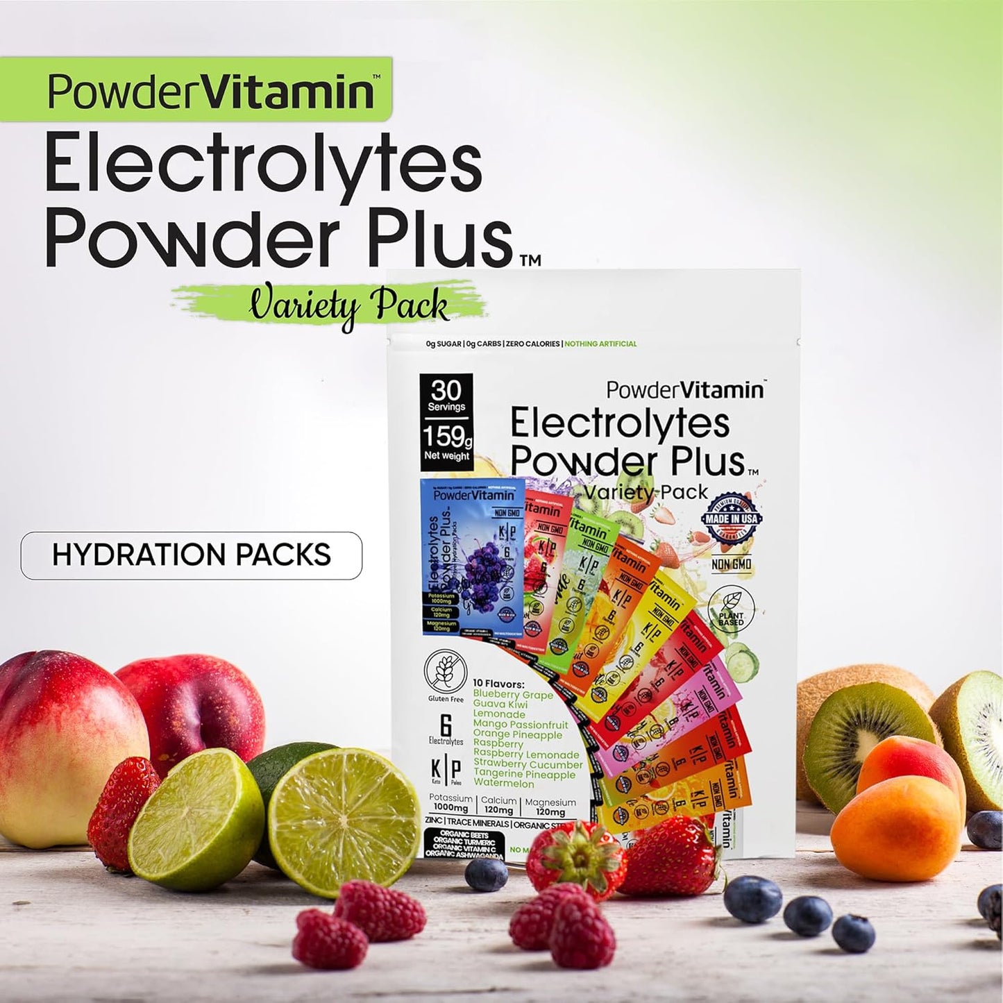 Keto Electrolyte Powder Variety Pack with Potassium, Calcium, Magnesium - Non-GMO, Zero Sugar, Zero Calories - 30 Hydration Packets