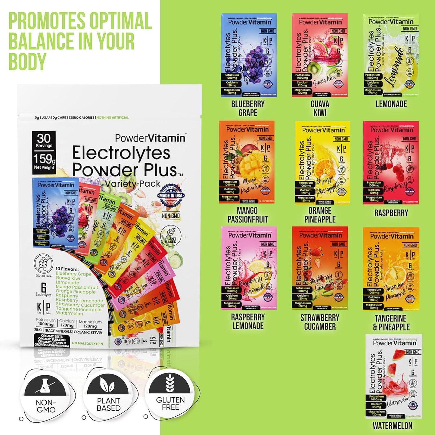Keto Electrolyte Powder Variety Pack with Potassium, Calcium, Magnesium - Non-GMO, Zero Sugar, Zero Calories - 30 Hydration Packets