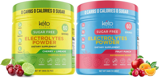 Keto Electrolytes Powder Bundle - Cherry Limeade & Fruit Punch Flavors - 2 Pack Keto Vitals Electrolytes with Potassium, Magnesium, Sodium, Calcium - Keto-Friendly Formula