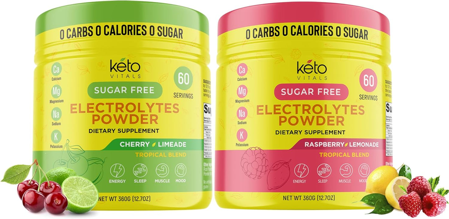 Keto Electrolytes Powder Bundle - Cherry Limeade & Raspberry Lemonade Flavors - Potassium, Magnesium, Sodium, Calcium - 2 Pack