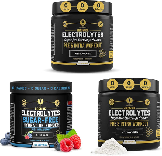 Keto Electrolytes Powder for Hydration and Endurance Boost - MMA Nutrition HRDWRK - 100 Servings, Sugar Free, Unflavored and Blue Razz Flavor - Electrolyte Supplement Set of 2
