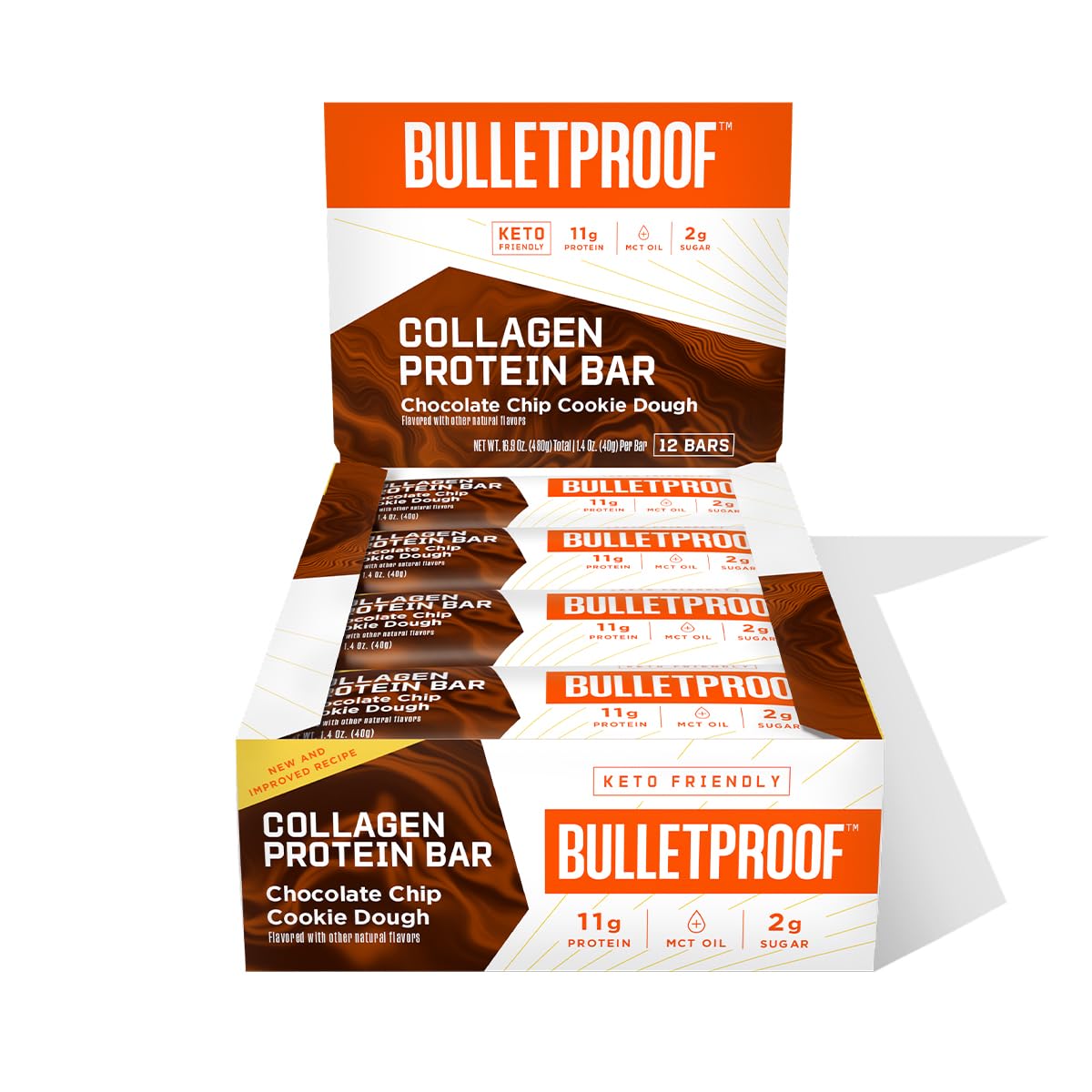 Keto-Friendly Bulletproof Collagen Protein Bars with Chocolate Chips, 12-Pack, MCT Oil, Grass-fed, No Sugar