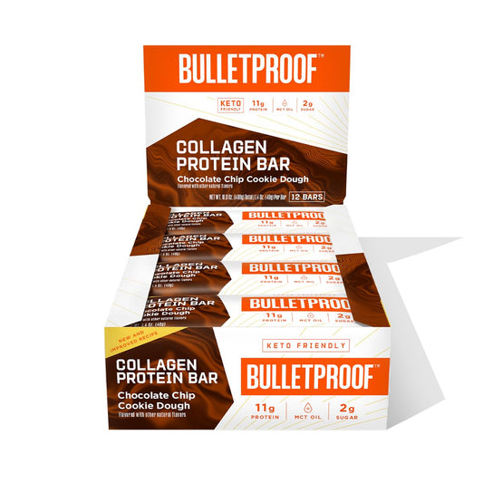 Keto-Friendly Bulletproof Collagen Protein Bars with Chocolate Chips, 12-Pack, MCT Oil, Grass-fed, No Sugar